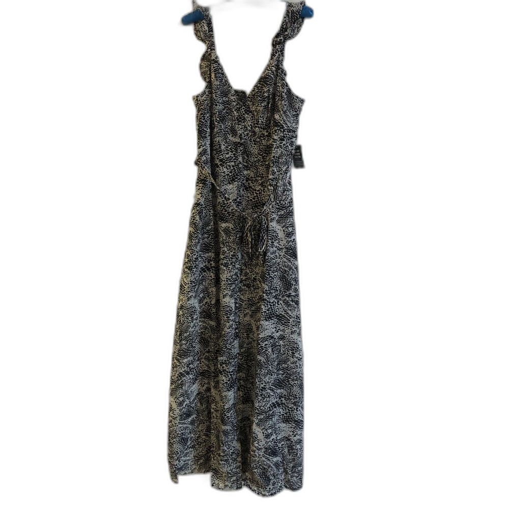 Express Maxi Dress Black & Cream Animal Print V Neck Flutter Straps Med NWT